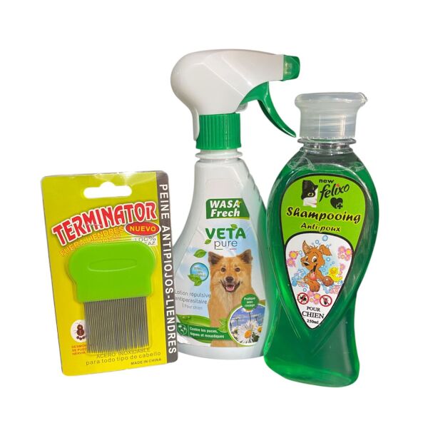 باك مضاد للطفيليات للكلاب (لوشن + شامبو + فرشاة) - وقاية من البراغيث والقراد