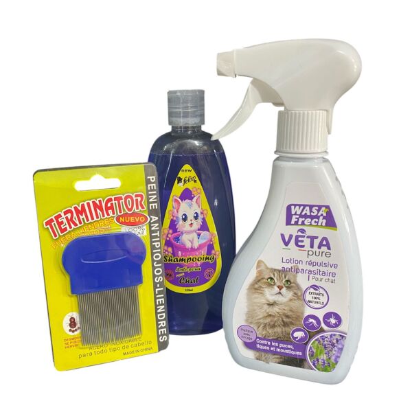 باك مضاد للطفيليات للقطط (لوشن + شامبو + فرشاة) - القضاء على البراغيث